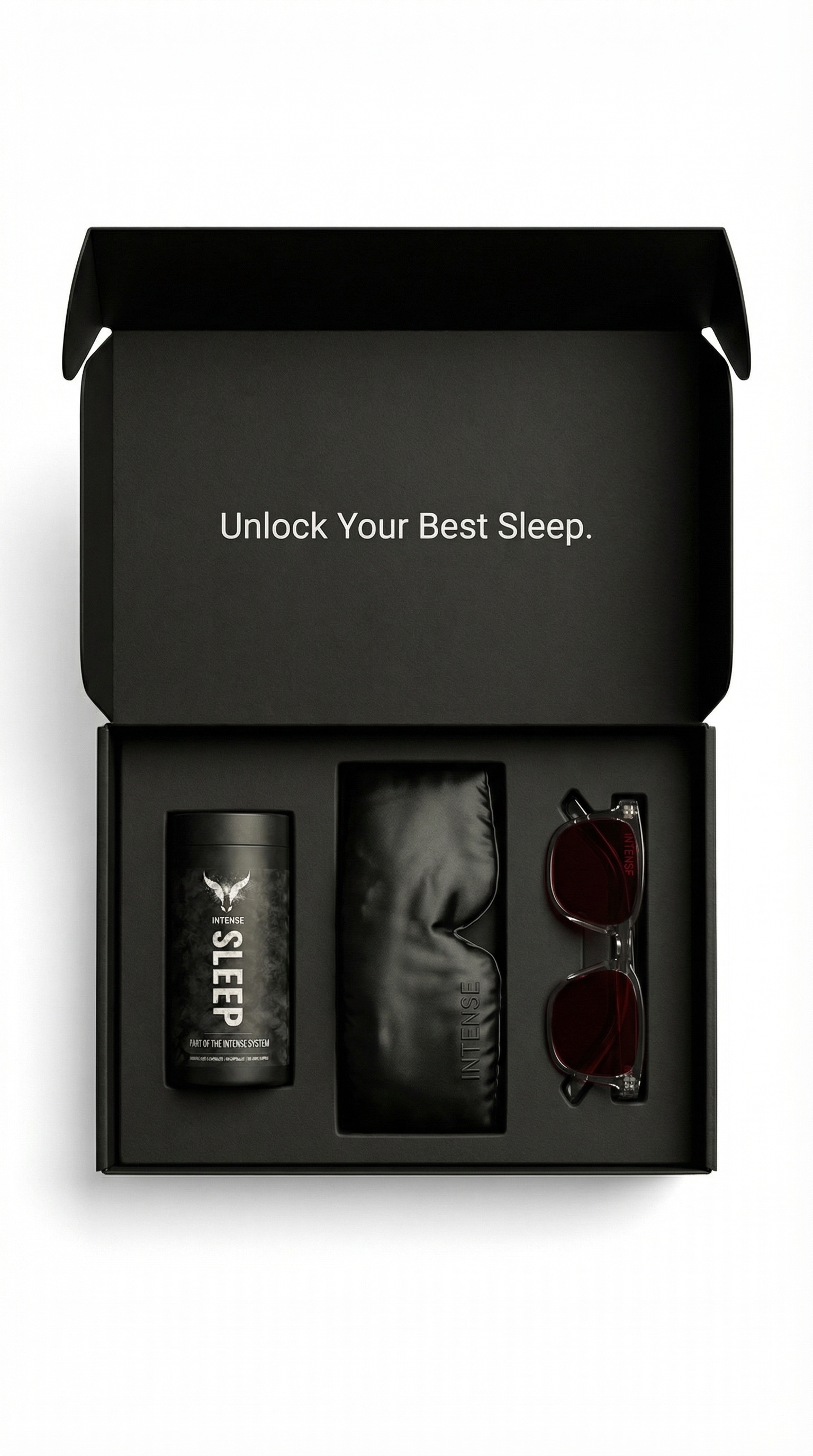 INTENSE Founding Member Kit — supplement, sleep mask, and red-shift glasses in premium gift box